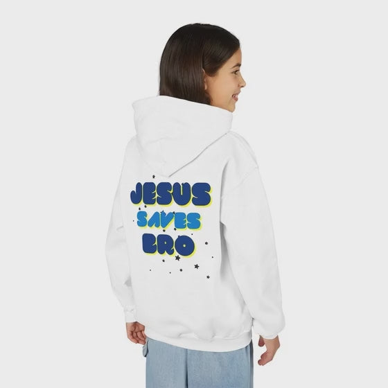 Youth Hoodie — "Jesus Saves Bro" Christian Graphic Pullover