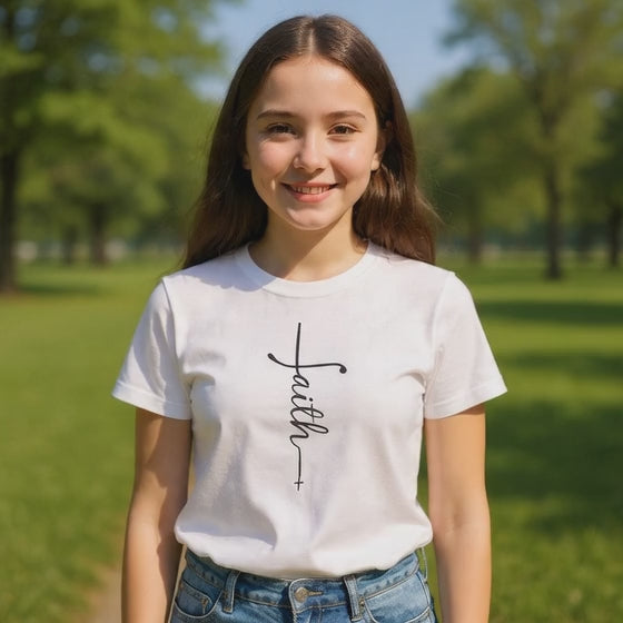 Kids Tee — Vertical "faith" Cross Script Graphic