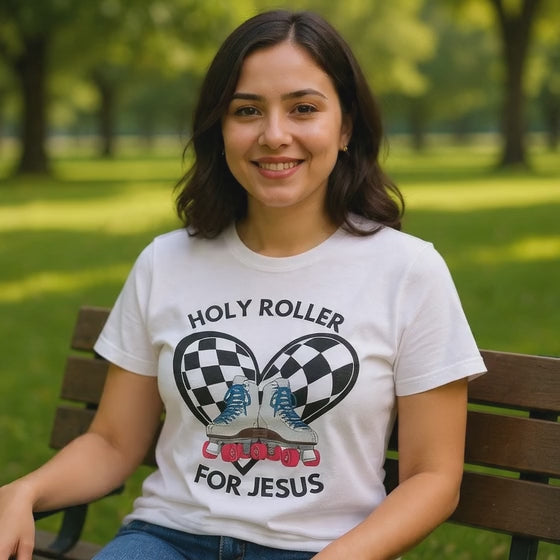 Holy Roller For Jesus T-Shirt — Retro Roller Skates & Checker Heart Christian Tee
