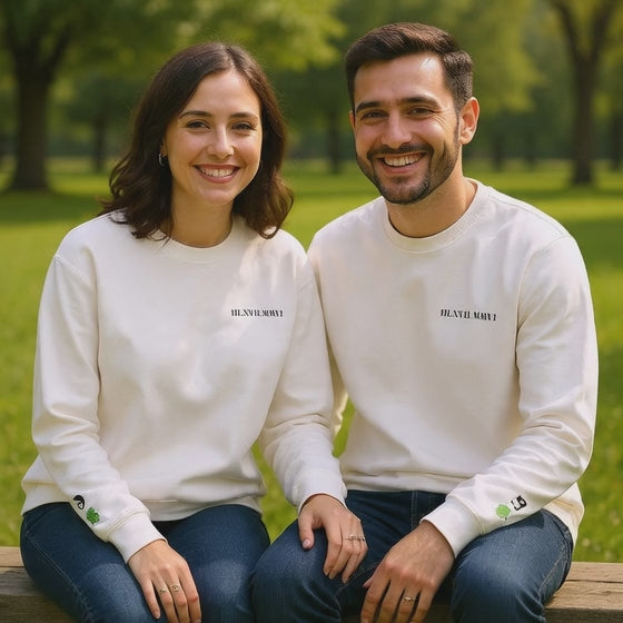 Embroidered - Personalized - Couples - Crewneck Sweatshirt — Minimal 'Human Being' Chest Text with Small Sleeve Floral Accents
