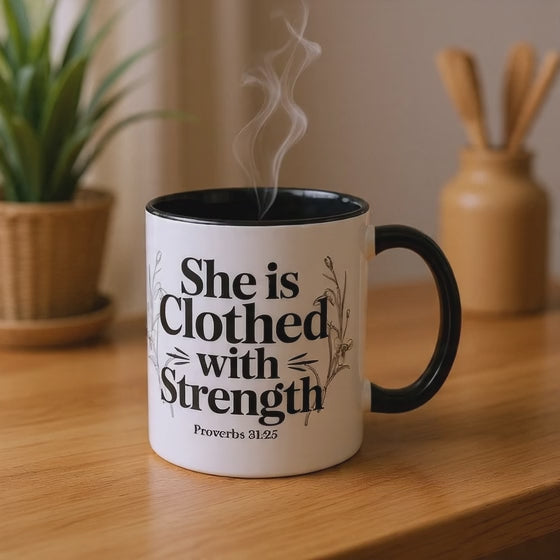 She Is Clothed with Strength Coffee Mug — Proverbs 31:25 Inspirational Accent Mug (11/15oz) - Mother's Day
