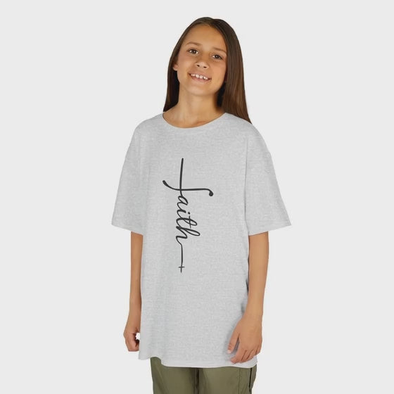 Kids Tee — Vertical "faith" Cross Script Graphic