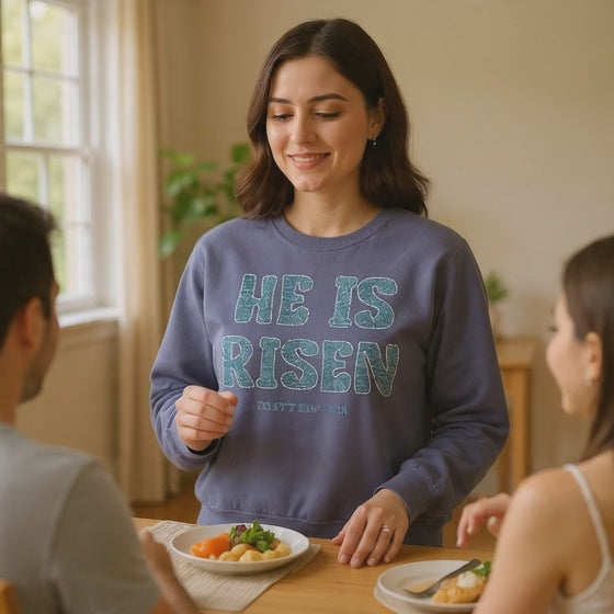 Comfort Colors - He Is Risen Sweatshirt — Christian Easter Pullover (Matthew 28:6)