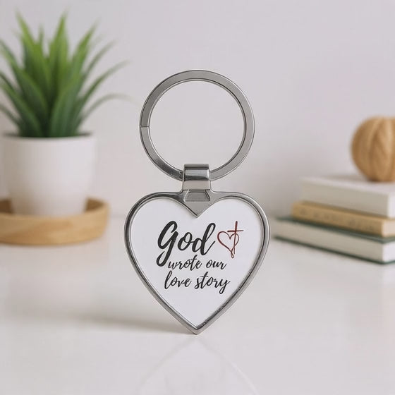 Heart Keychain — "God Wrote Our Love Story" Religious Couples Keyring, Christian Valentine Gift