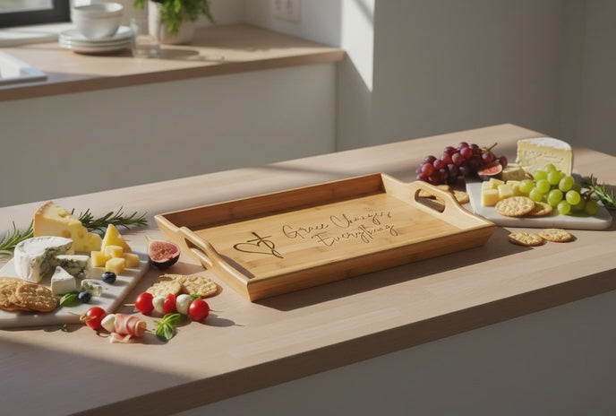 Engraved Bamboo Serving Tray — "Grace Changes Everything" Christian Heart & Cross