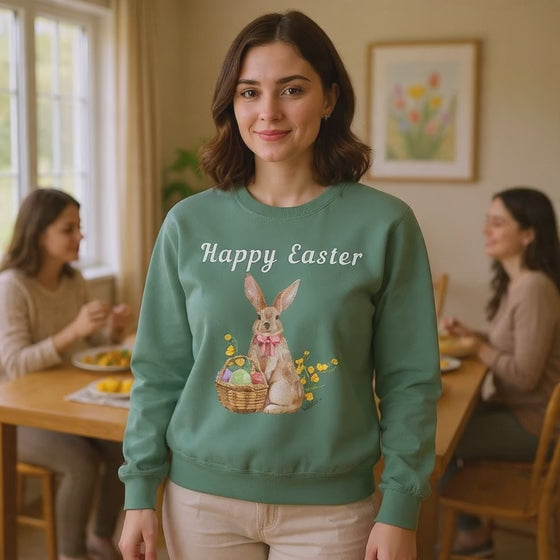 Easter Bunny Sweatshirt - Happy Easter Bunny with Basket Design (Luke 24:6)