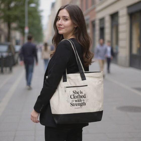 Canvas Tote Bag — "She Is Clothed With Strength" Inspirational Scripture Tote Mother's Day Gift