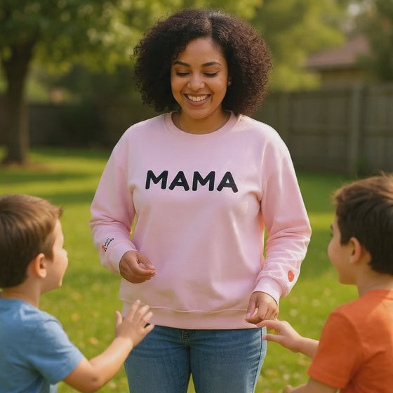 Embroidered - Personalized - Mama Crewneck Sweatshirt — Cozy Mother's Day Pullover with Heart Sleeve Detail