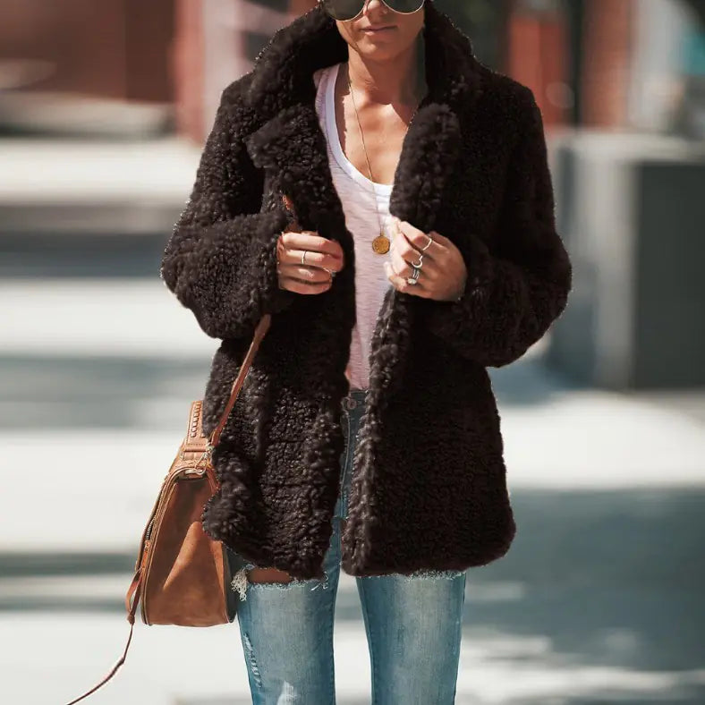 Fuzzy Collar Long Sleeve Cardigan in Solid Color